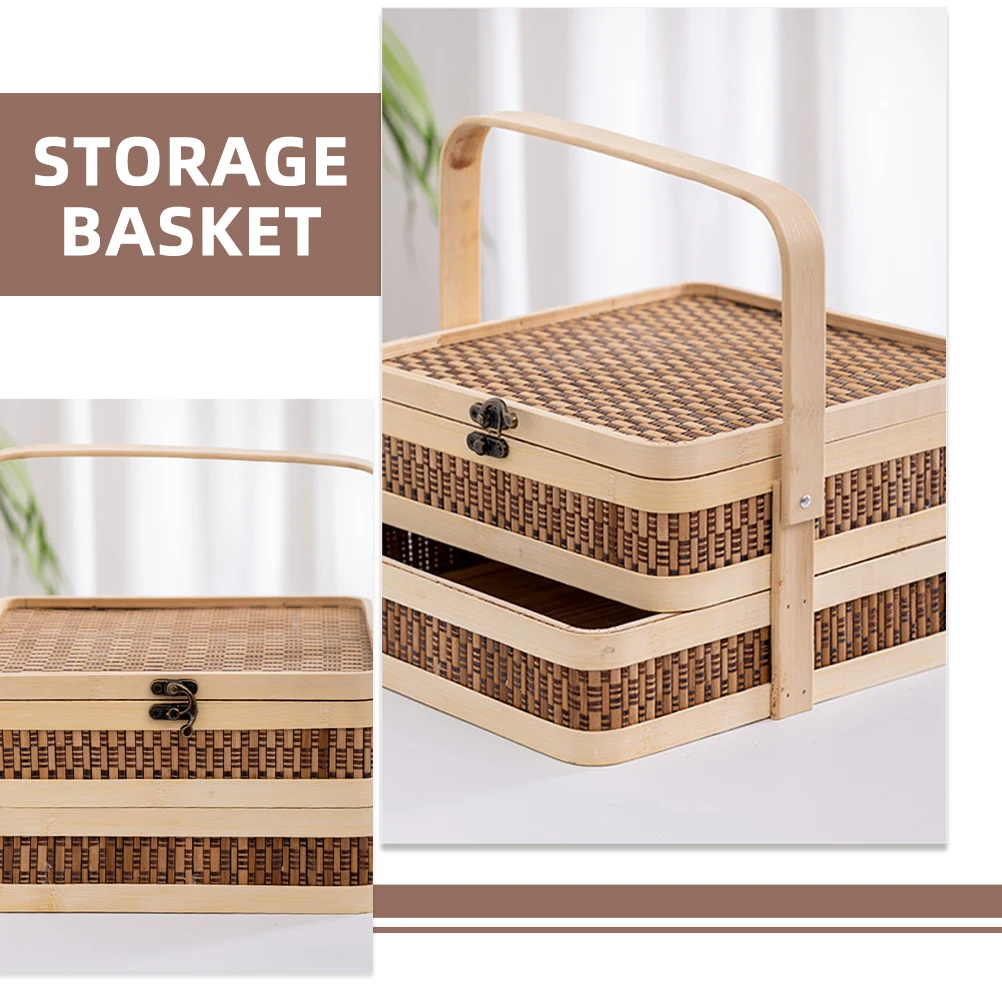 

H Woven Basket Double Layer Bamboo Picnic Storage Baskets Fruit Vegetable Bread Holder Snacks Container Household Items Portable