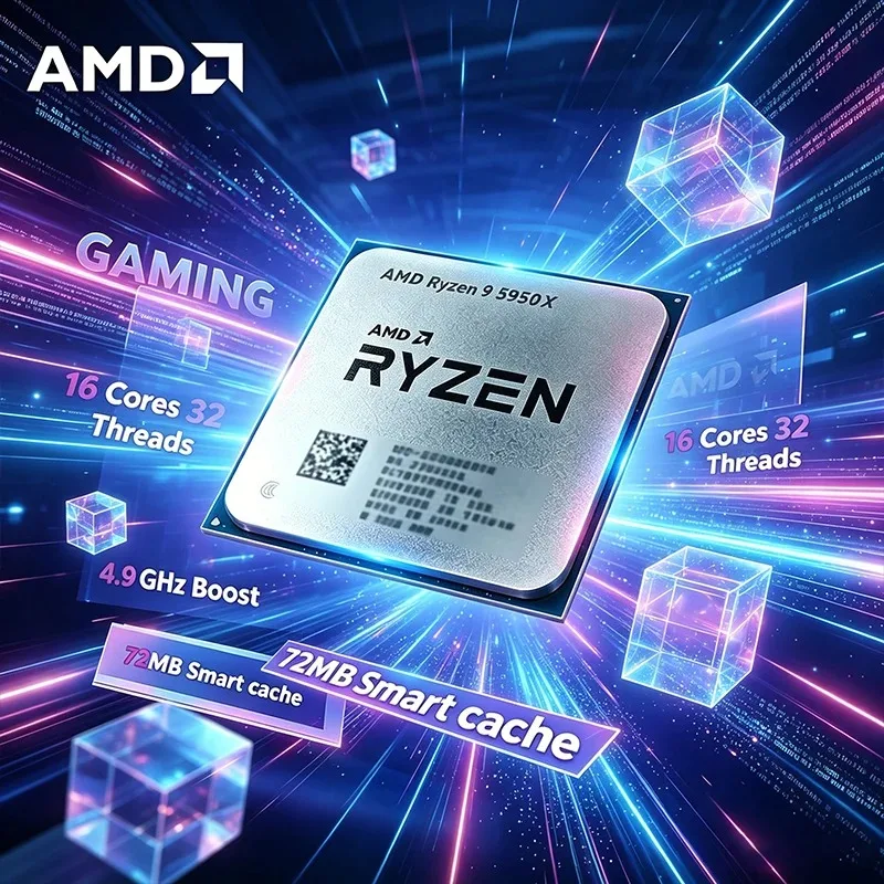 AMD Ryzen 9 5950X Processor 16-Core 32-Thread 3.4GHz Base, 4.9GHz Max Boost AM4 Socket 72MB L3 Cache 105W TDP Desktop CPU