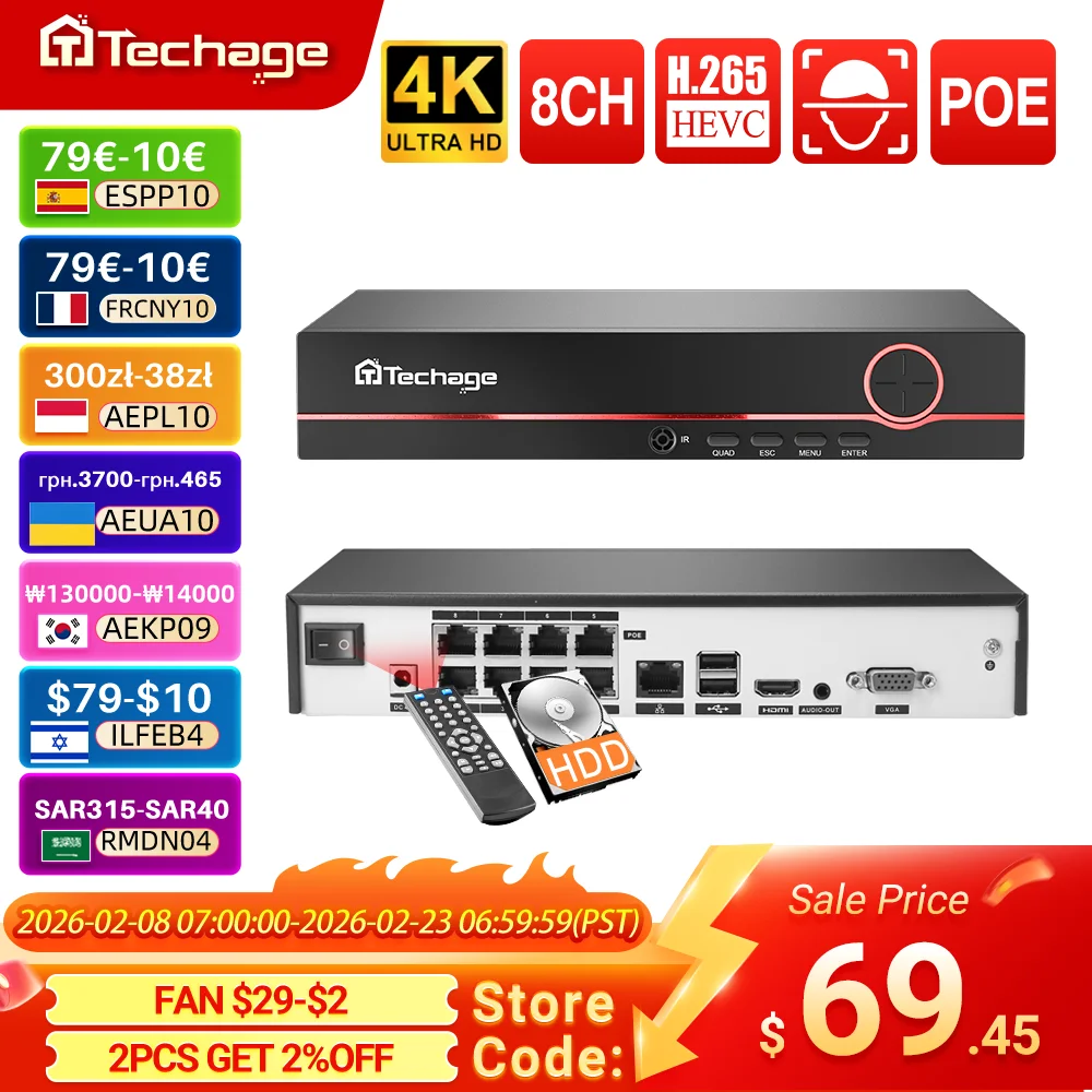 Techage H.265 8CH POE NVR 4K 8MP 5MP 4MP 1080P Power over Ethernet IP NVR Двустороннее аудио Обнаружение лица/человека Протокол Onvif P2P
