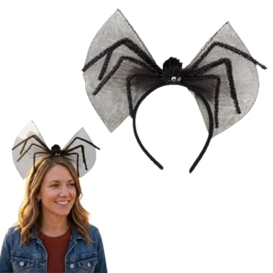 Diadema de Halloween con alas de malla y araña 3D negra, accesorios festivos para el cabello, diadema negra con una araña de peluche 3D y alas de malla.