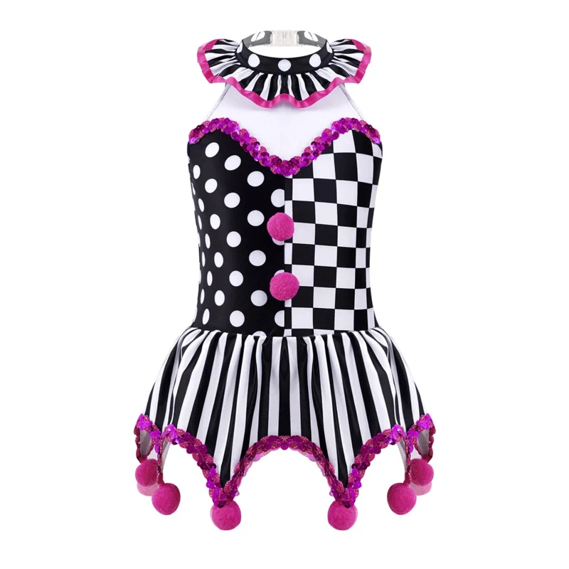 Ragazze Circo Clown Joker Spettacolo di Halloween Costume Festival Gioco di scena Gioco di ruolo Griglia Pompon Ornato Paillettes Tutu Body Dress