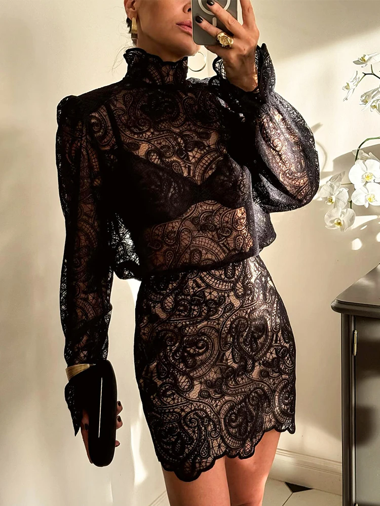 

Trendix Hollow Out Embroidery Dress 2 Piece Sets Women Turtleneck Long Sleeve Pullover Top Sexy See Through Skirt And Tops Suits