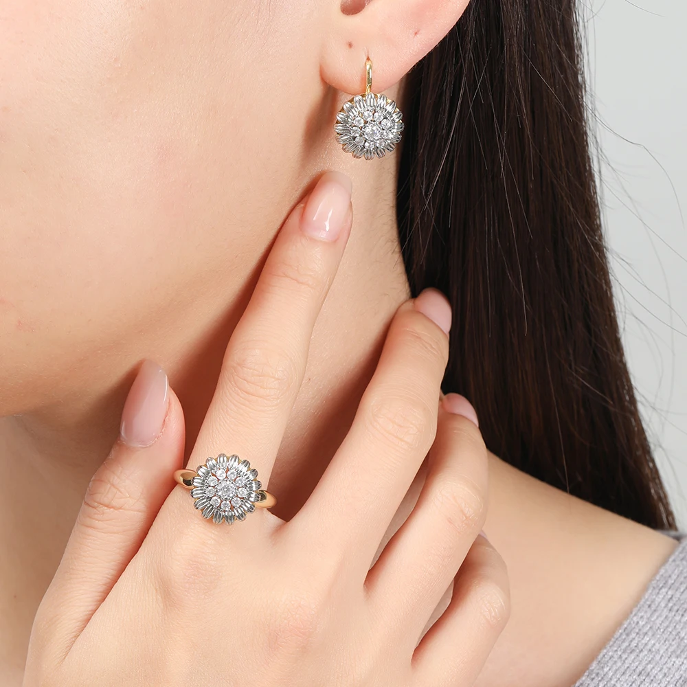Vintage Petal Design Inlaid Zircon Ring Earrings Three-Piece Set Fashion Jewelry Party Holiday Gifts Luxury Two-Color Set