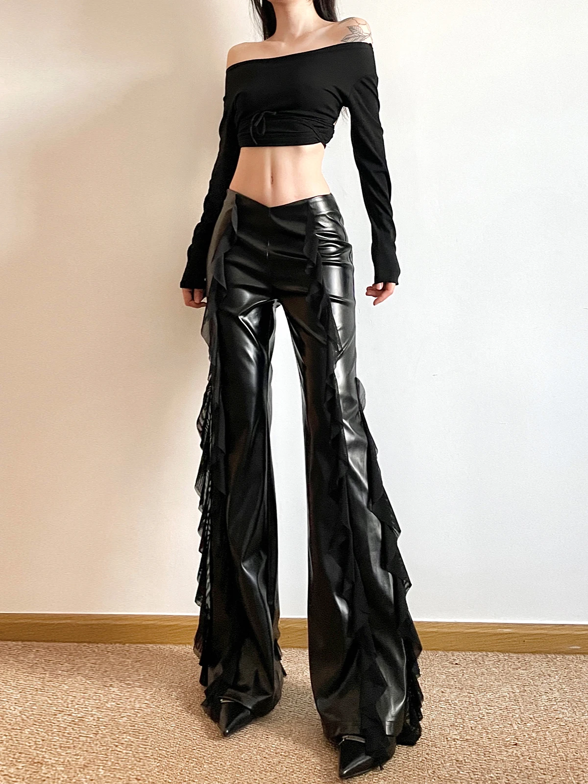 

Sisjuly Trendy Cool Hot Girl Design Irregular Leather Pants Women Casual Wide Leg Pants High Waist Long Pants Street Style