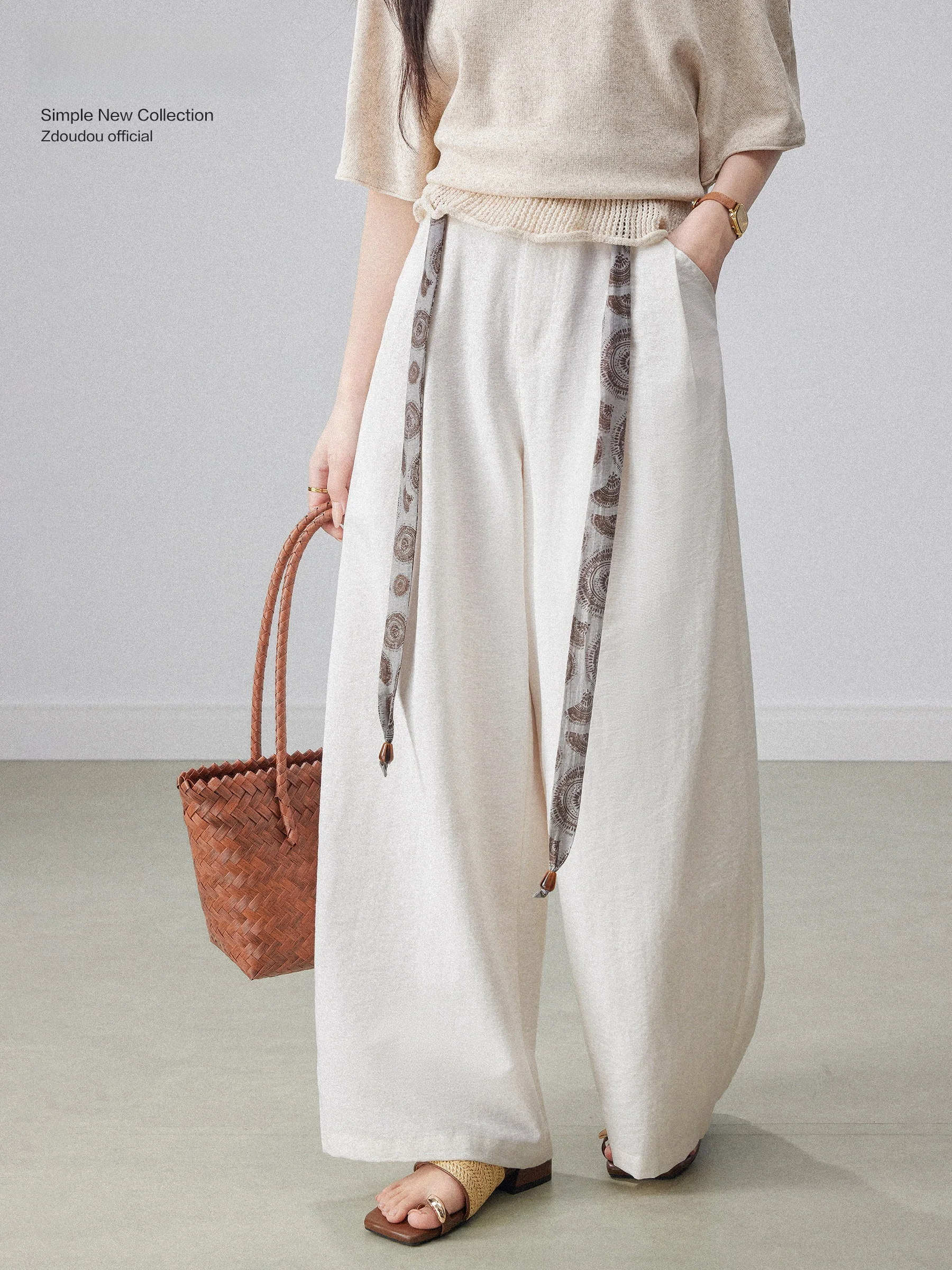 

White Silk Scarf Waist Belt Wide Leg Pants Women's High Waist Slimming Loose Drape Casual Pants Summer New Style