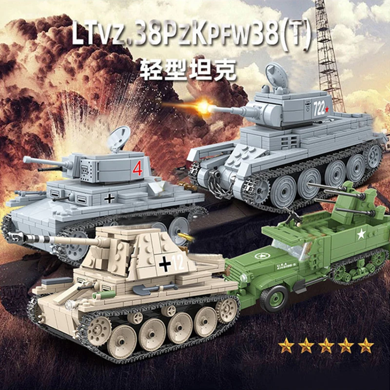 WW2 Military BT-7 Light Tank Building Block German LT-38 Marder Tank Model MOC Bricks Toys Boy Birthday Gifts