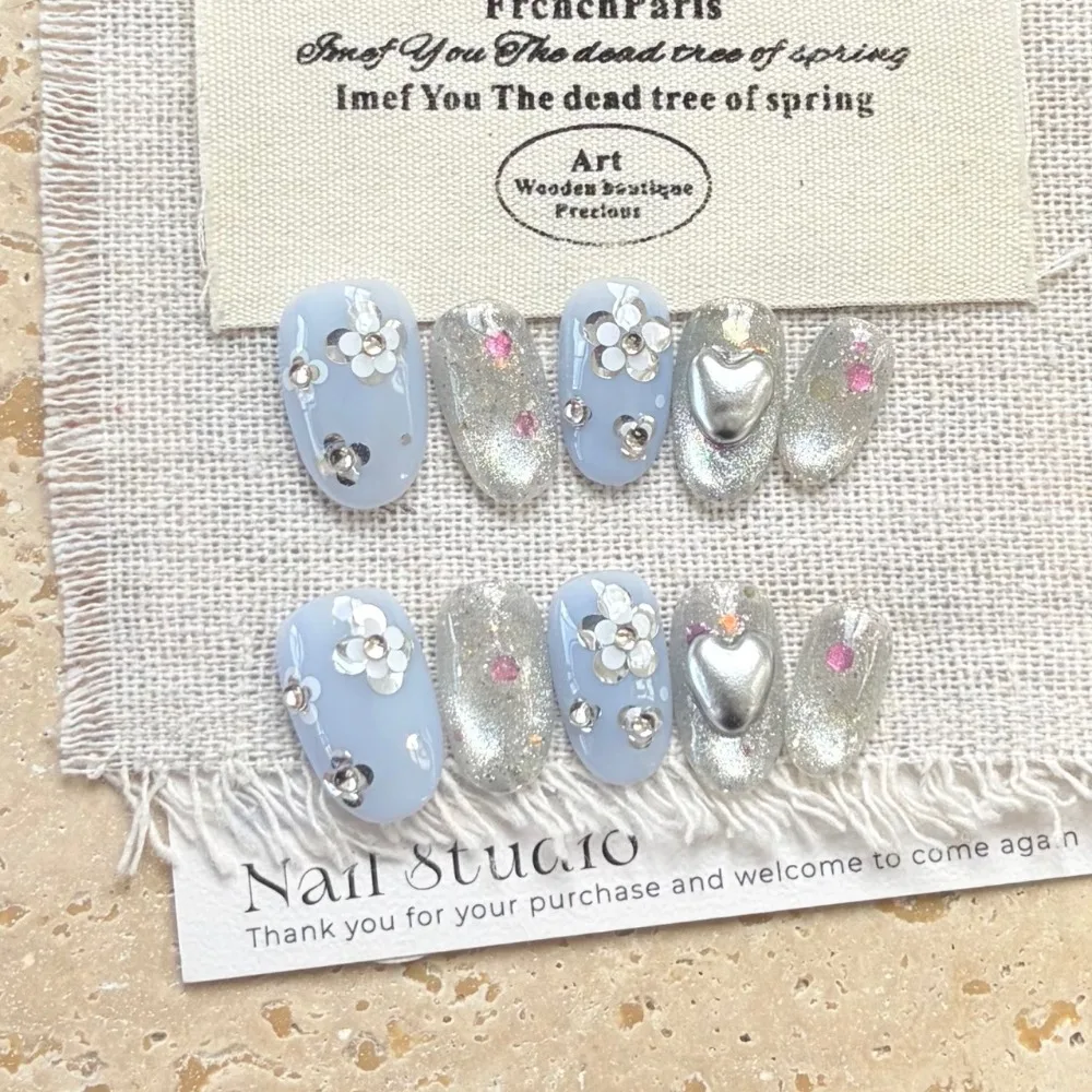 10 Pieces Gentle Romantic Silver Gray Blue Handmade Press On Nails Diamond Sequins Small Silver Love Art Fake Nails Reusable