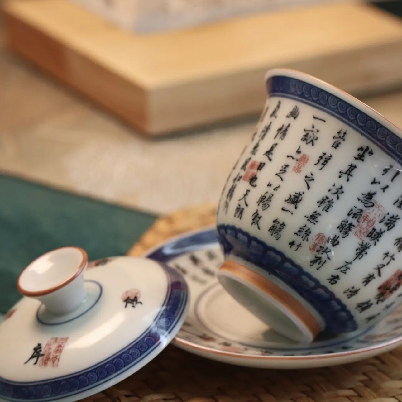 Jingdezhen Ceramic Cover Teacup Orchid Pavilion Sequence Cover Bowl Three-Piece Tea Bowl Porcelain Tea Making Device Set Teacup