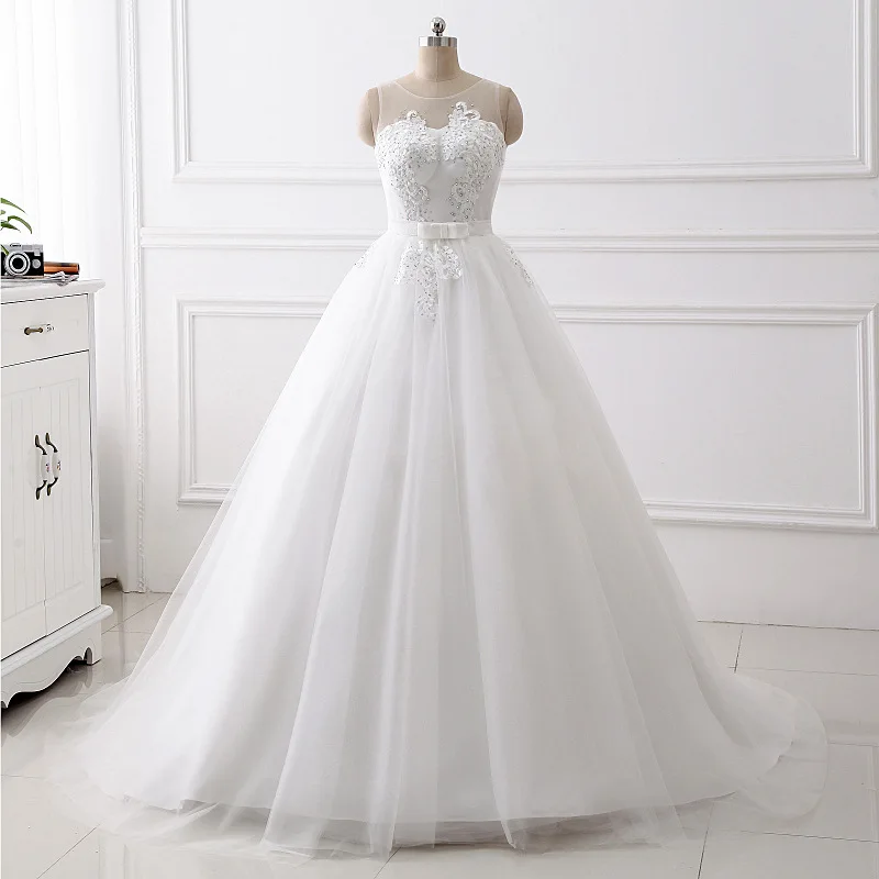 Cheap Simple A Line Satin Netting Tulle V Neck  Floor Length Applique Scoop Crystals Wedding Dresses Bridal Gown Corset Back