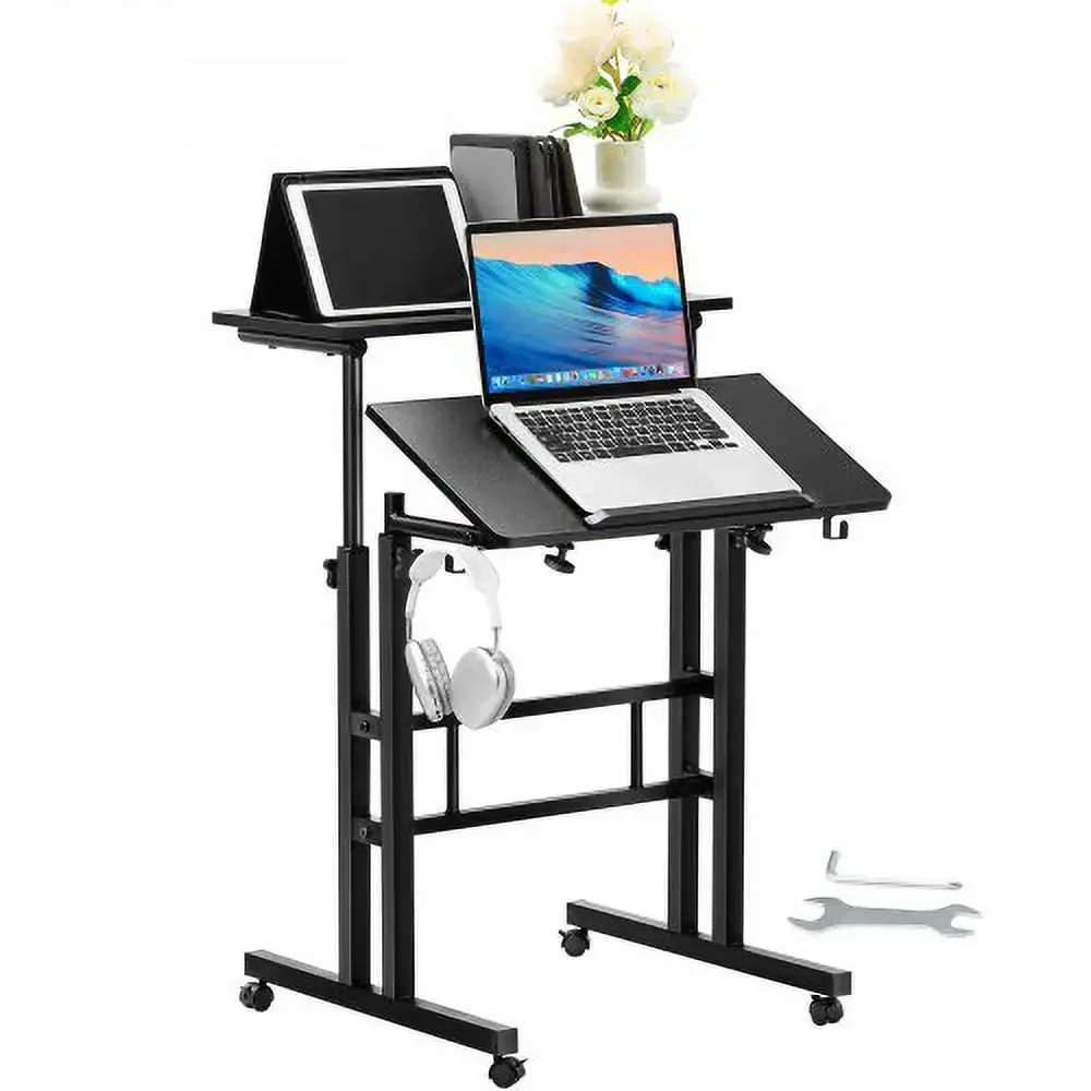 

Mobile Standing Desk, 26.4"-44.9" Gas-Spring Height Adjustable Sit-Stand Desk, Home Office Rolling Laptop Table 360 Swivel Wheel