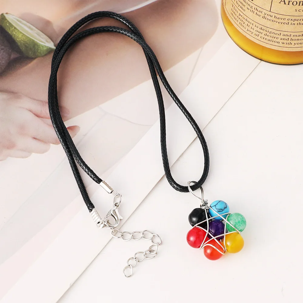 Extremely colorful new fashionable and simple rainbow-colored round bead pendant necklace women's natural stone crystal collarbo