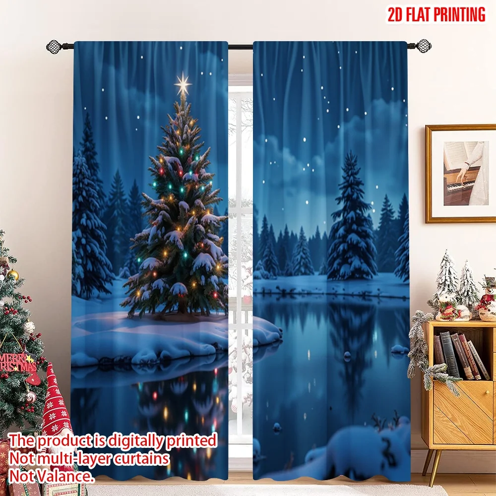 

2pcs 2D flat printing Merry Christmas Drapes Christmas Tree Lights Sparkle Polyester Without Electricity Festive Curtains Use