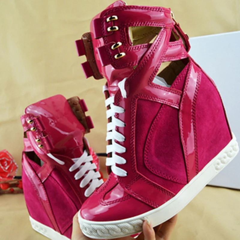 

Women Patchwork High Top Cutout Sneaker Florescence Leather Casual Shoes inner wedge Height Increased Chains Mixed Color Shoes