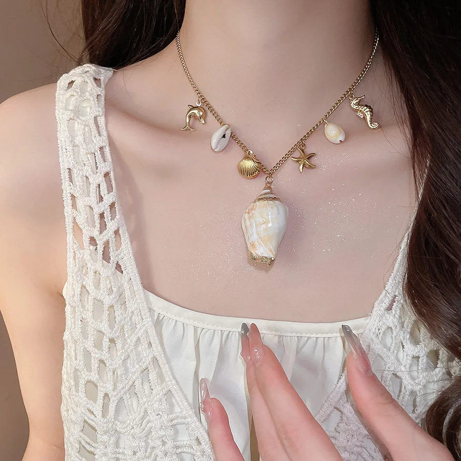 

Minar 2025 Popular Natural Shell Star Sea Horse Dolphin Pendant Necklaces for Women 18K Gold Plated Stainless Steel Chokers