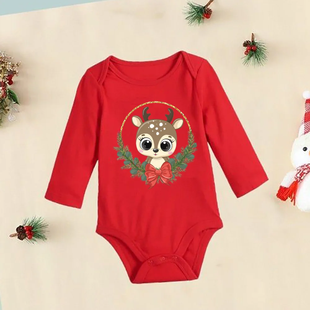 Newborn bonito bodysuits natal cervos impressão bebê vermelho manga longa algodão macacão infantil meninas meninos playsuit festa de natal melhores presentes