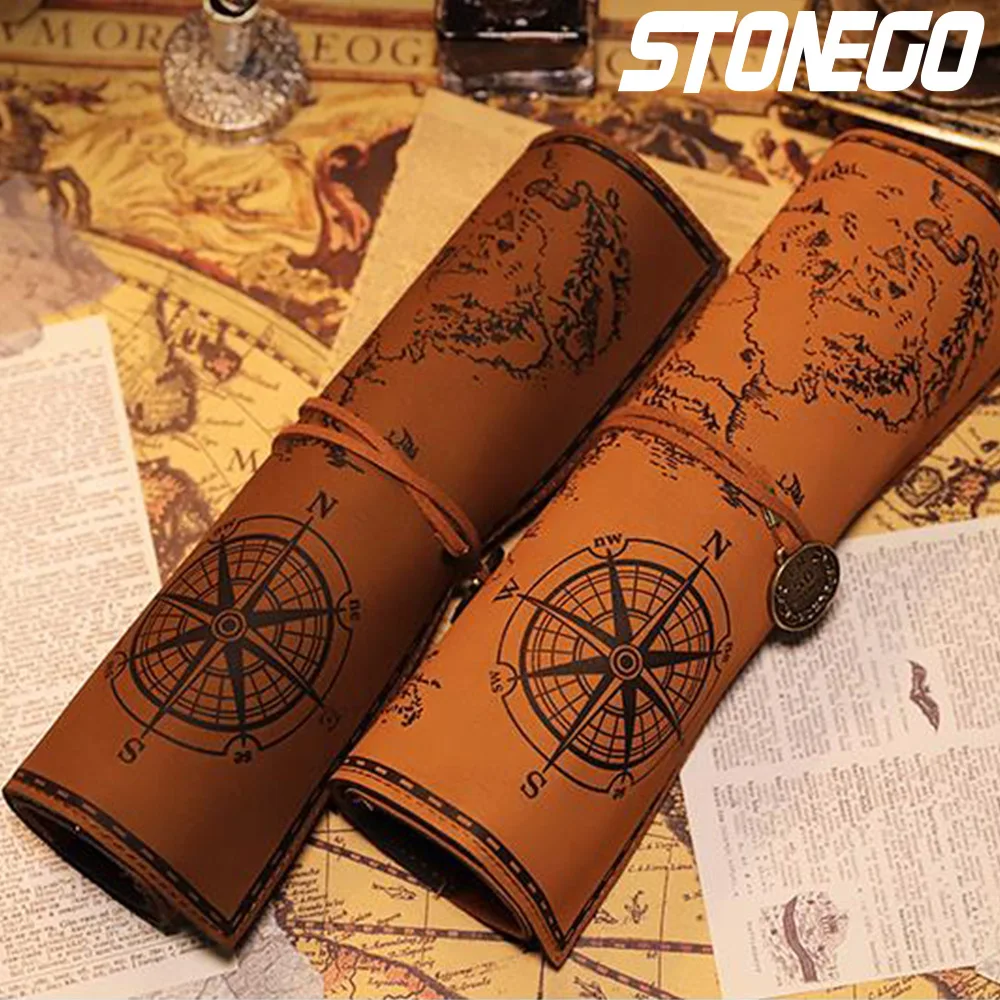 STONEGO Retro Treasure Map Leather Pen Bag Popular Roll Case Bag Vintage Style Roll Pencil Case Pencil Bag PU Bag Pencil Case