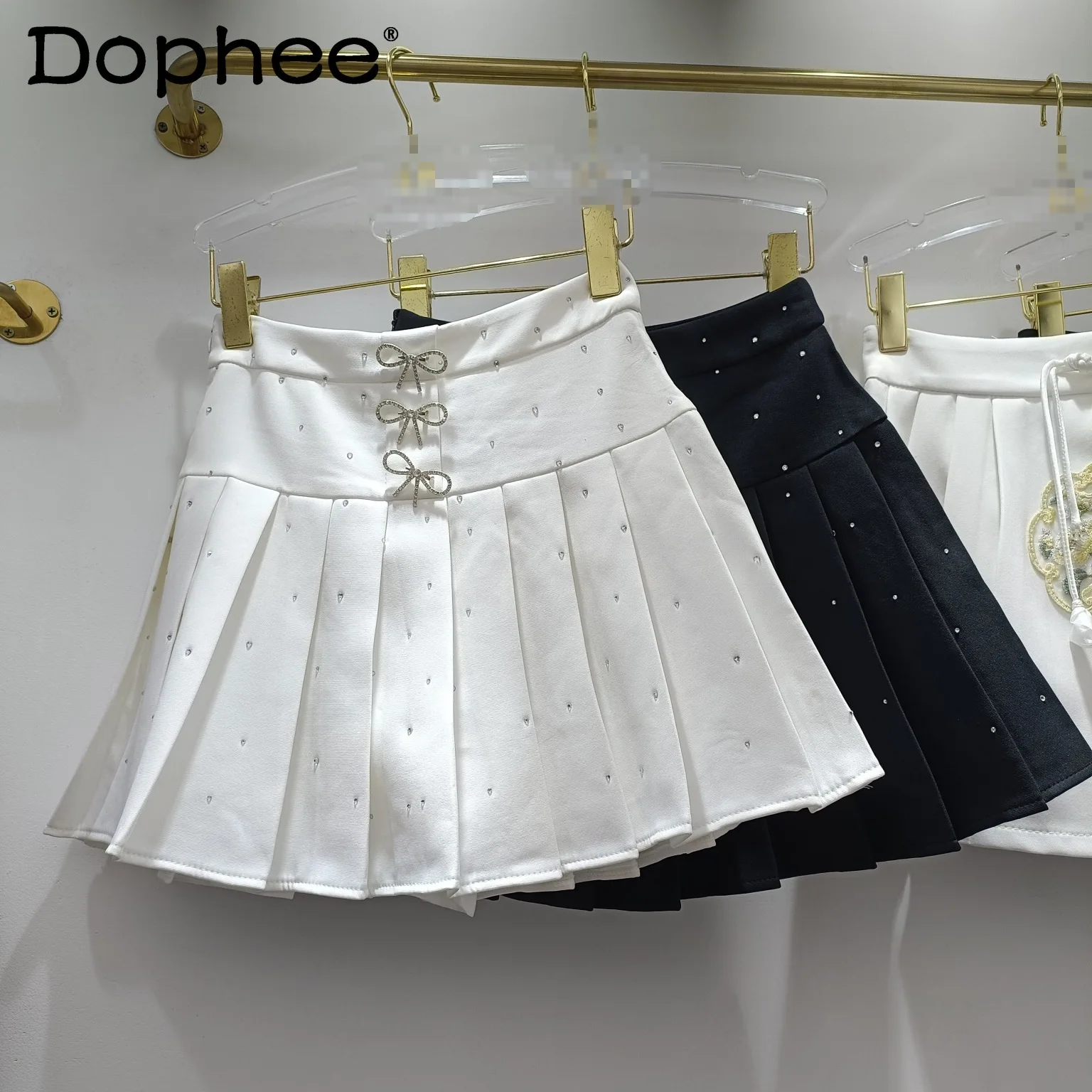 

Fashion Hot Drilling Bow Pleated Skirt for Women 2024 Summer New Preppy Style High Waist Slimming A- Line Skirt Female Student