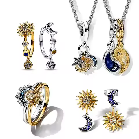 Sterling Silver 925 Two-color Sun and Moon Combination Series Beaded Fit Diy Charm Ring Earrings Women's Jewelry Gift