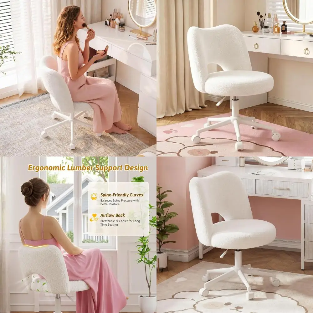 Vanity Chair with Open Back & Wheels, luy Teddy abric,Arml, Height Adjustable,300lbs or Makeup Room, Bedroom,Cream