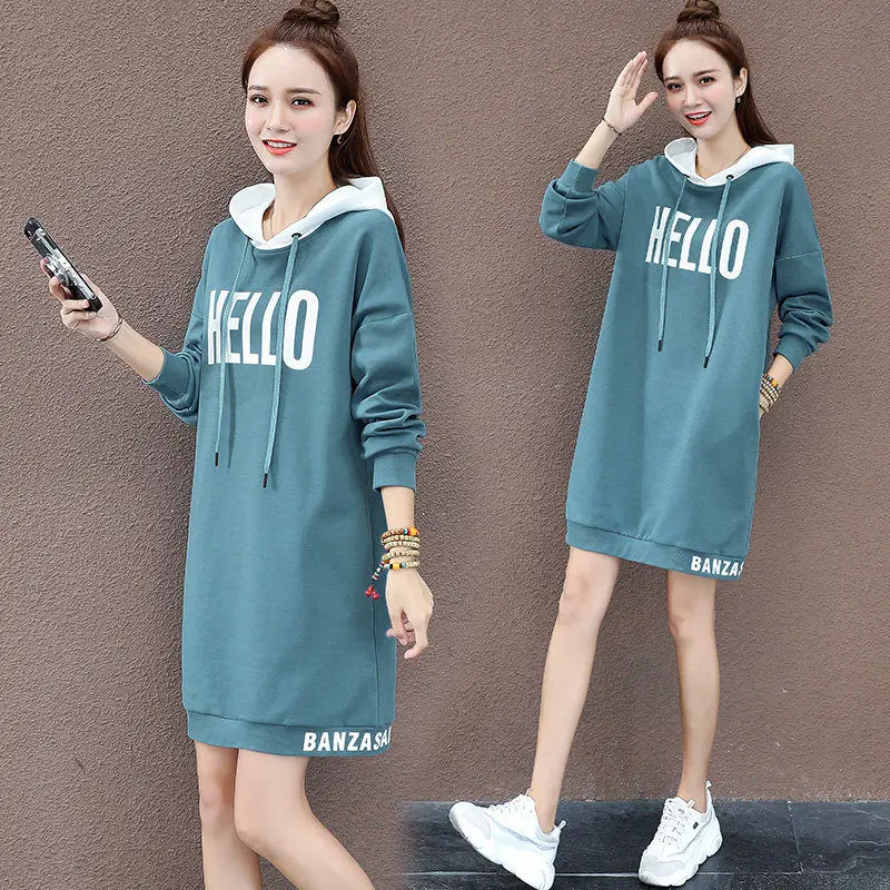 Fashion Printed Letter Spliced All-match Lace Up Hooded Mini Dress Female Clothing 2024 Spring New Loose Korean Casual Dresses