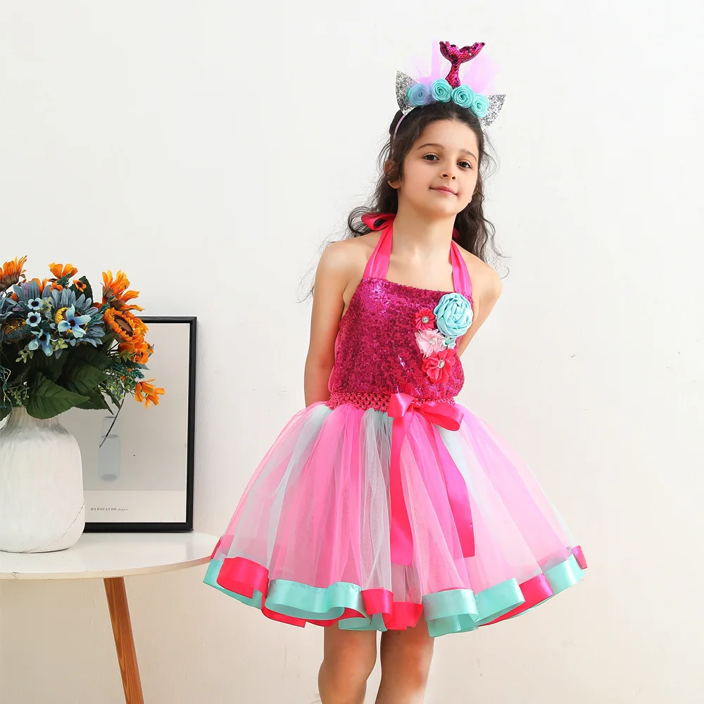 

European And American Children's Clothing Sequined Girls Dress Mermaid Flower Tutu Skirt Fishtail Headdress Colorful Mesh Sling