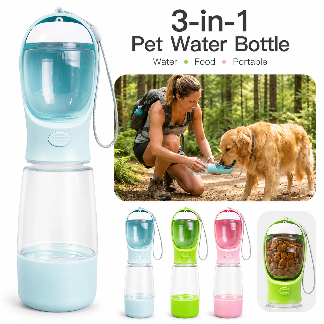Botella de agua portátil para perros y gatos con contenedor de almacenamiento de comida y agua para cachorros, comedero para mascotas, tazón para perros, suministros para viajes al aire libre.