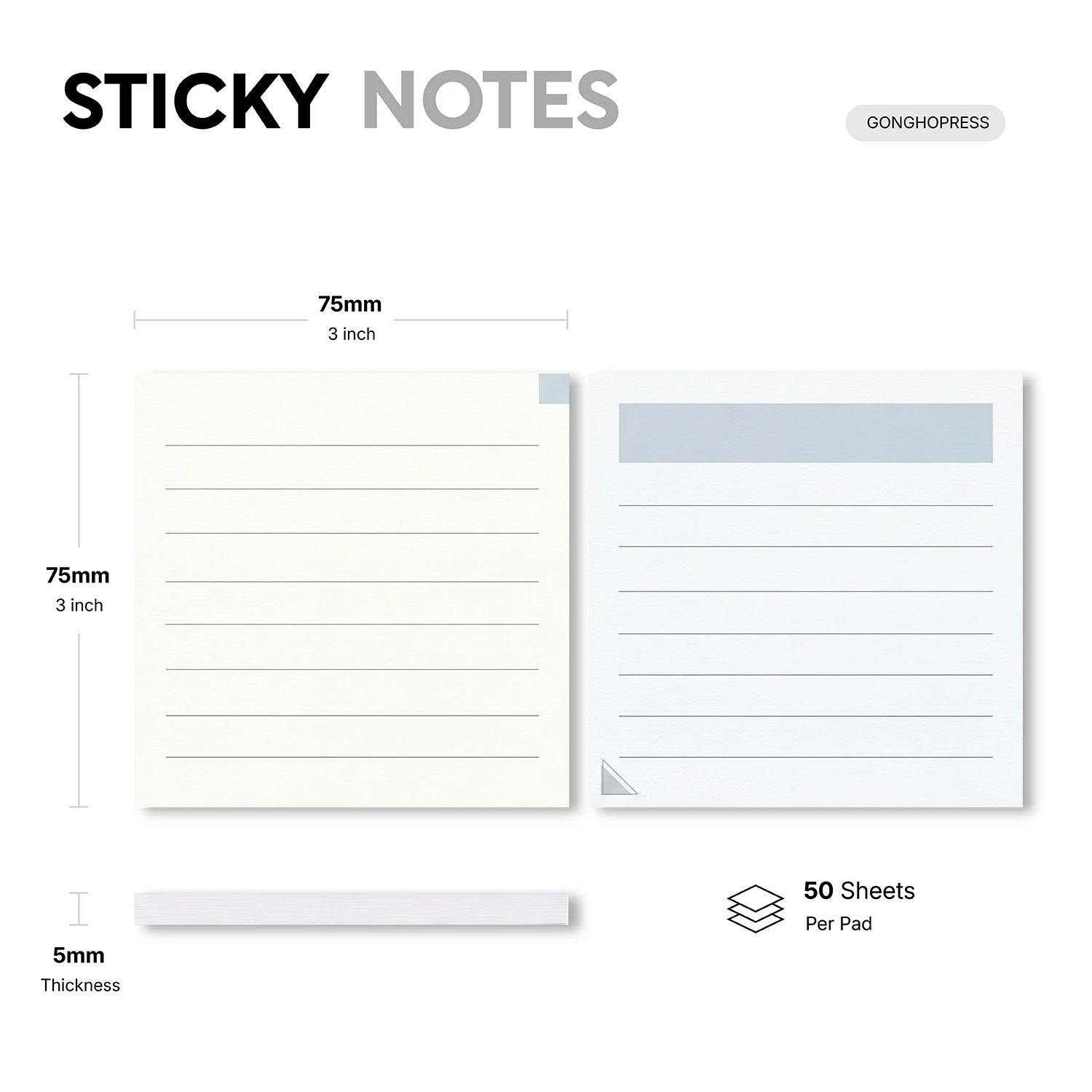 2pcs Lined Sticky Notes Set, Simple Self Stick Memo Pads, 100 Sheets Total, Minimal Note Pads, Removable Adhesive Notes for Plan