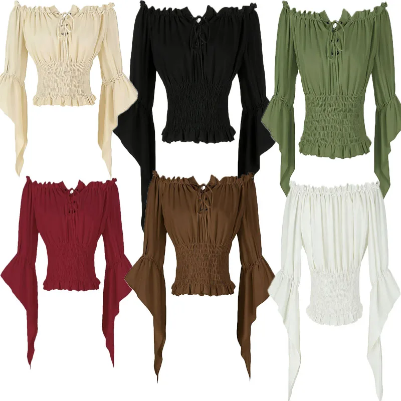 Womens Renaissance Peasant Blouse Off Shoulder Trumpet Sleeve Shirt Steampunk Pirate Medieval Cosplay Costume Corset Top Vintage