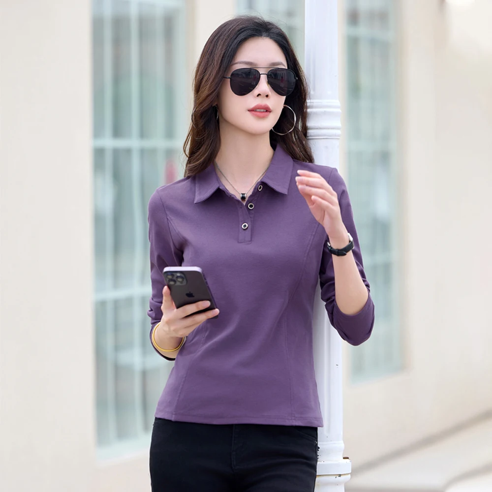 الكورية نمط طويل الأكمام تي شيرت المرأة الخريف الزي الجديد الراقية القطن موضة حجم كبير بولو التلبيب سليم صالح رداء علوي غير رسمي #3