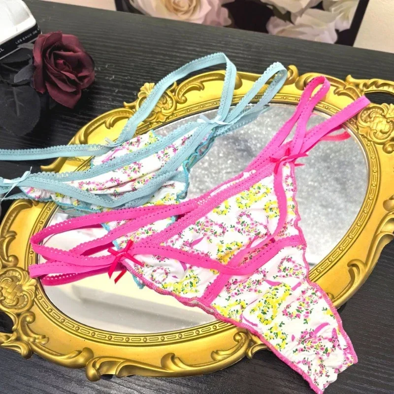 Babados adorável doce menina tanga briefs calcinha de cetim suave floral impresso t-back roupa interior arco cinta cruzada cuecas de cintura baixa