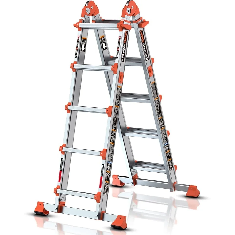 5 Step Multi Position Ladder Extension 17 Ft Anti-Slip A Frame Folding Ladder 330 lbs Capacity Lightweight Storage Ladder