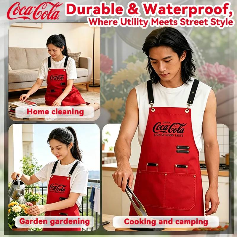 Coca Cola Waterproof Oil-proof Kitchen Apron for Women Men Large Pockets for Restaurant Bar Shop Cafes Beauty Uniform