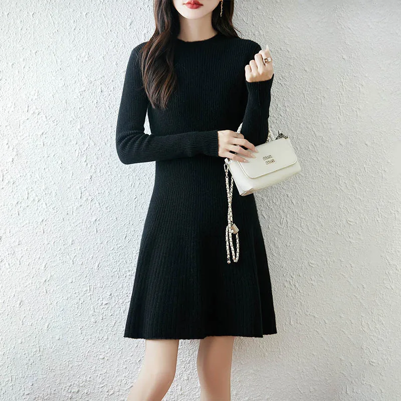 Hot A Skirt Selling New Women's 100% Merino Wool Knitted Dress Autumn Winter Thick O-Neck Pullover Long Sweater Casual Dress