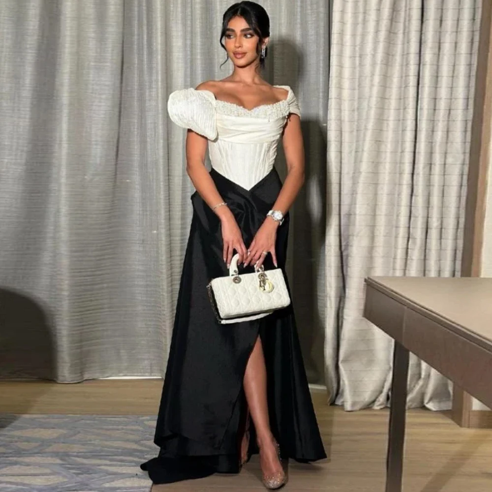 

Exquisite Pearls Satin Evening Dress Glitter Crystal Sweep Train Customized Long Prom Dresses Sexy Off the Shoulder Party Gowns