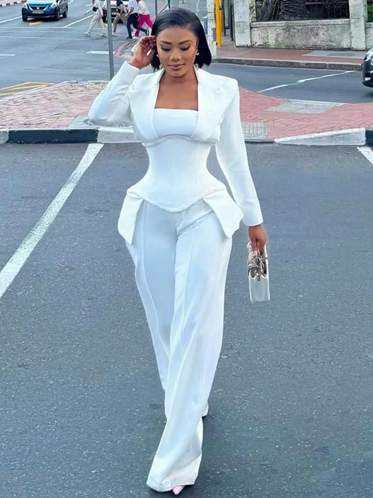 White 2 Piece Sets Womens Outfits Chic Winter Style Blazers Female Corset Blazer Suit with Straight Trouser Elegant Pant Sets