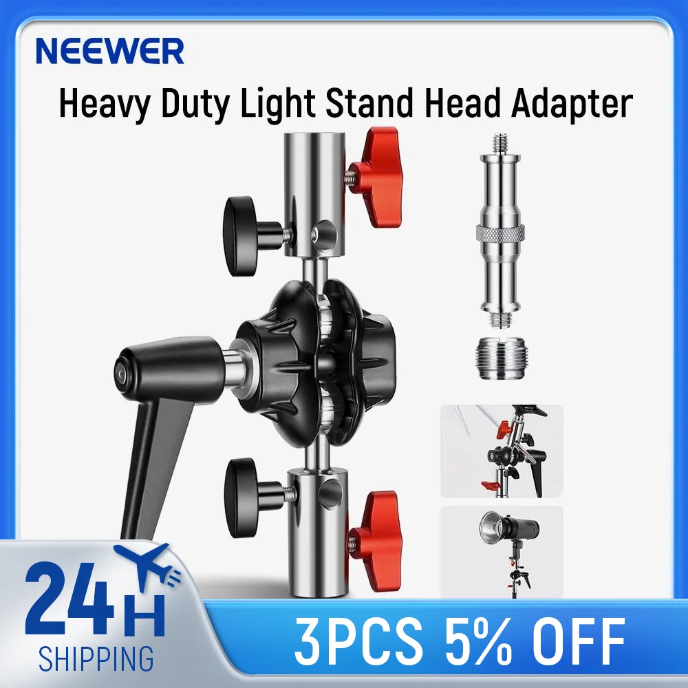 

NEEWER Heavy Duty Light Stand Head Adapter with All Metal Dual Swivel Ball Joint, Dual 5/8" Receivers, 1/4" to 3/8" Convertor