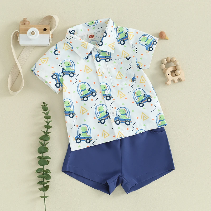 

Toddler Baby Boy Summer Clothes Dinosaur Print Short Sleeve Button Down Shirt Shorts Hawaiian Style Clothing Set