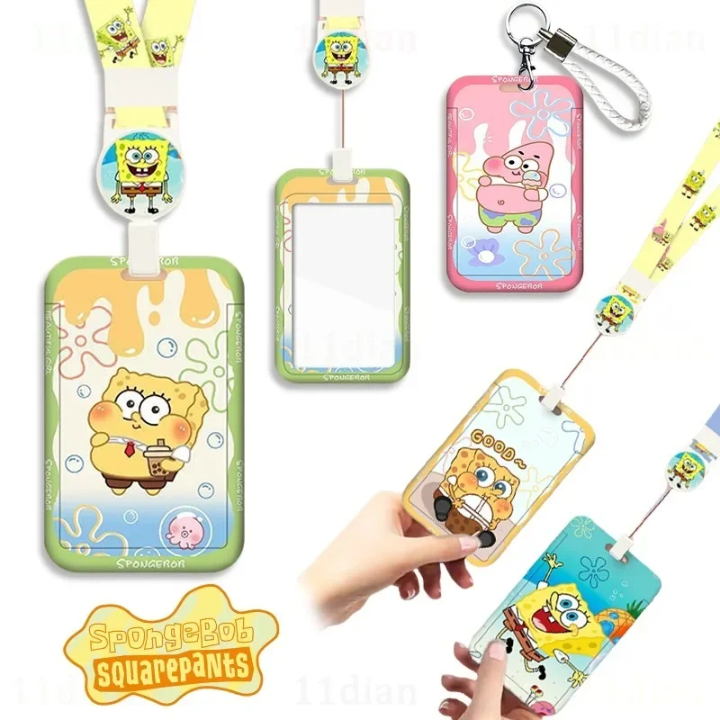 SpongeBob Retractable Card Cover Lanyard Cute Kids School Meal IC ID Bus Badge Protective Holder Holder Anime Cards Keychain