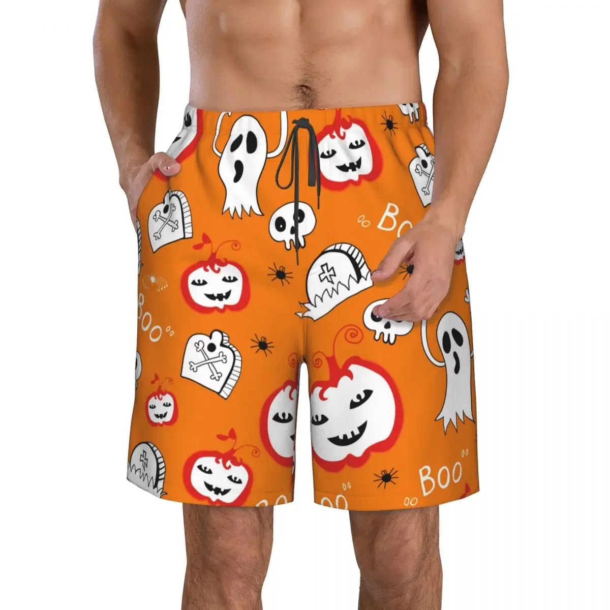 Men's Beach Short Swim Shorts Hallowen Ghost Pumpkin Pattern Surfing Sport Board Shorts Swimwear