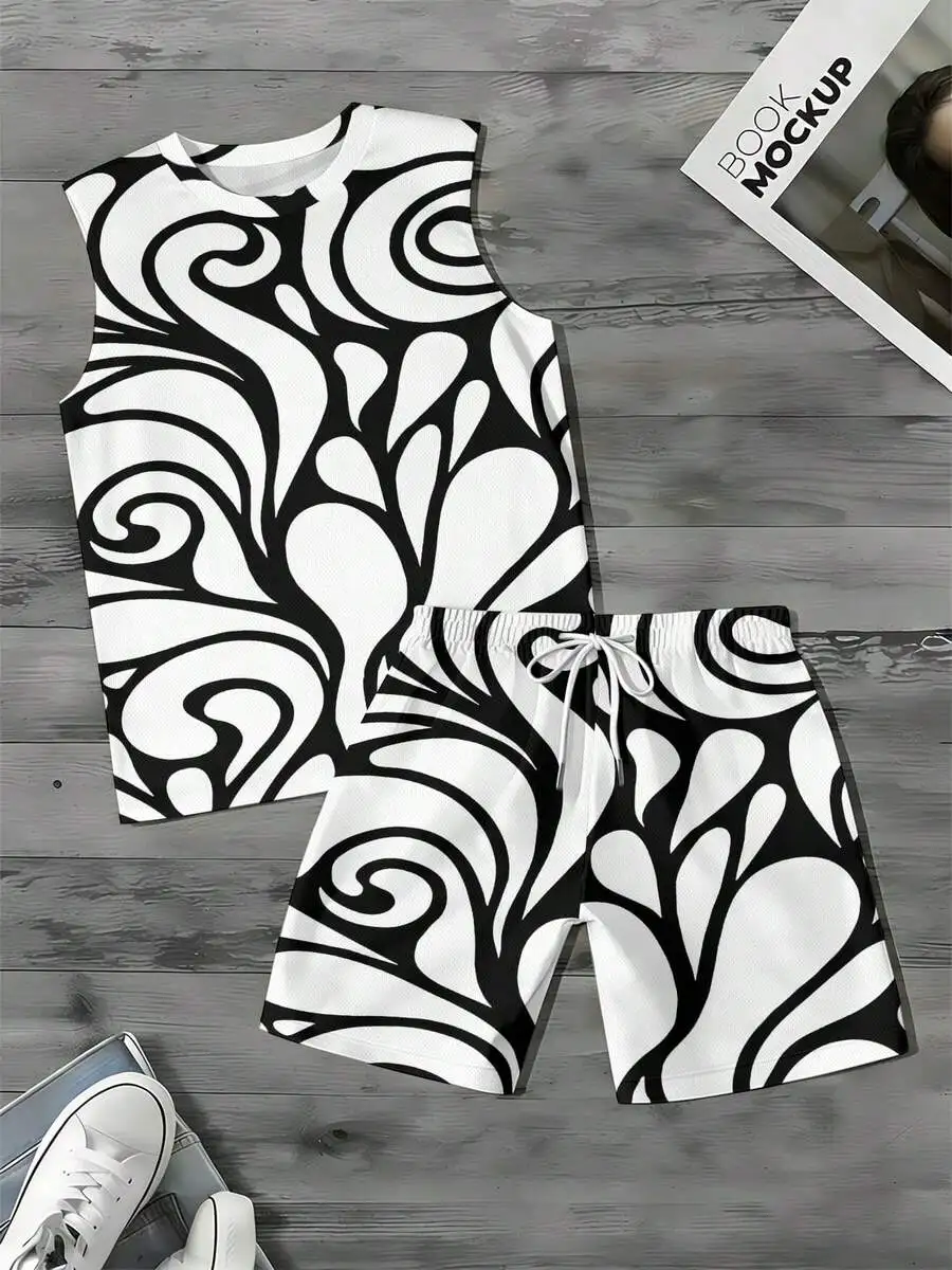 Abstract Wave Pattern 2026 European & American Spring Summer Autumn New Style Wide Shoulder Tank Top & Beach Shorts Set Men view 2