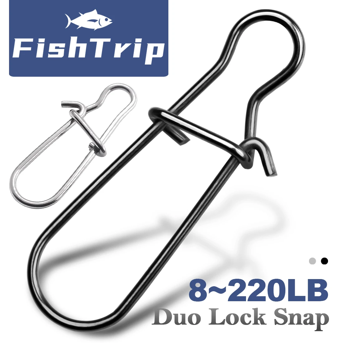 

FishTrip Fishing Snaps Duo Lock Snap High Strength 50~200Pack Stainless Steel Quick Change Lure Snap Black Nickel & Silver