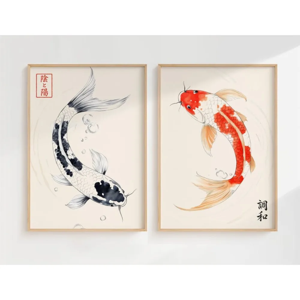2PCS Large-sized frameless canvas paintings,2 Frameless Japanese Koi Fish Posters,Minimalist Art Zen Water Painting,Japanese Dec