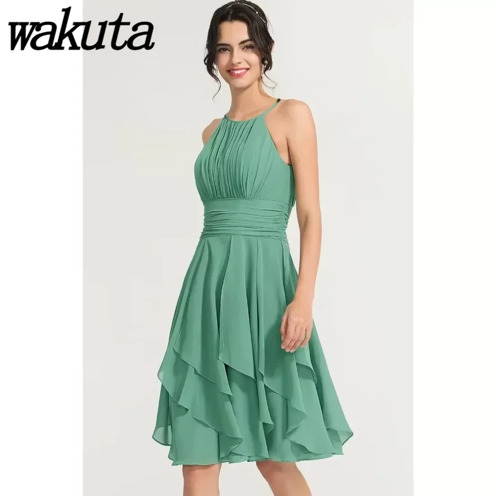 

Wakuta Women's Halter Short Bridesmaid Dress with Pockets A Line Ruffle Pleated Formal Party Dress vestidos elegantes para mujer