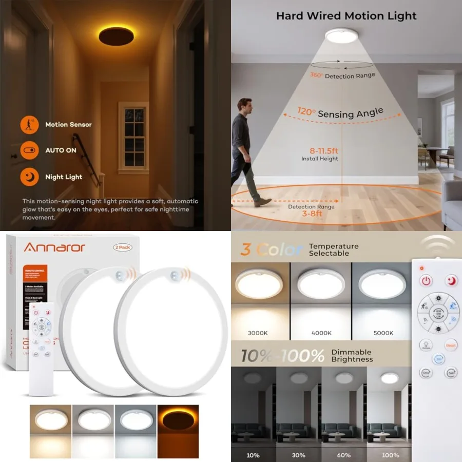

Motion Sensor Ceiling Light with Remote, 8.7 Inch Wired Motion Sensor Light Indoor 3000K/4000K/5000K, 1800LM Dimmable Motion Ac
