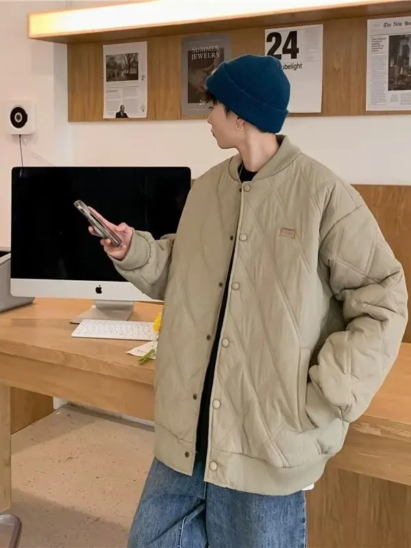 

Warm Cotton Jaet American Sle Stand Collar Baseball Coat ex Pure Color Loose Fit Long Sve Youth Faion Casual Wear