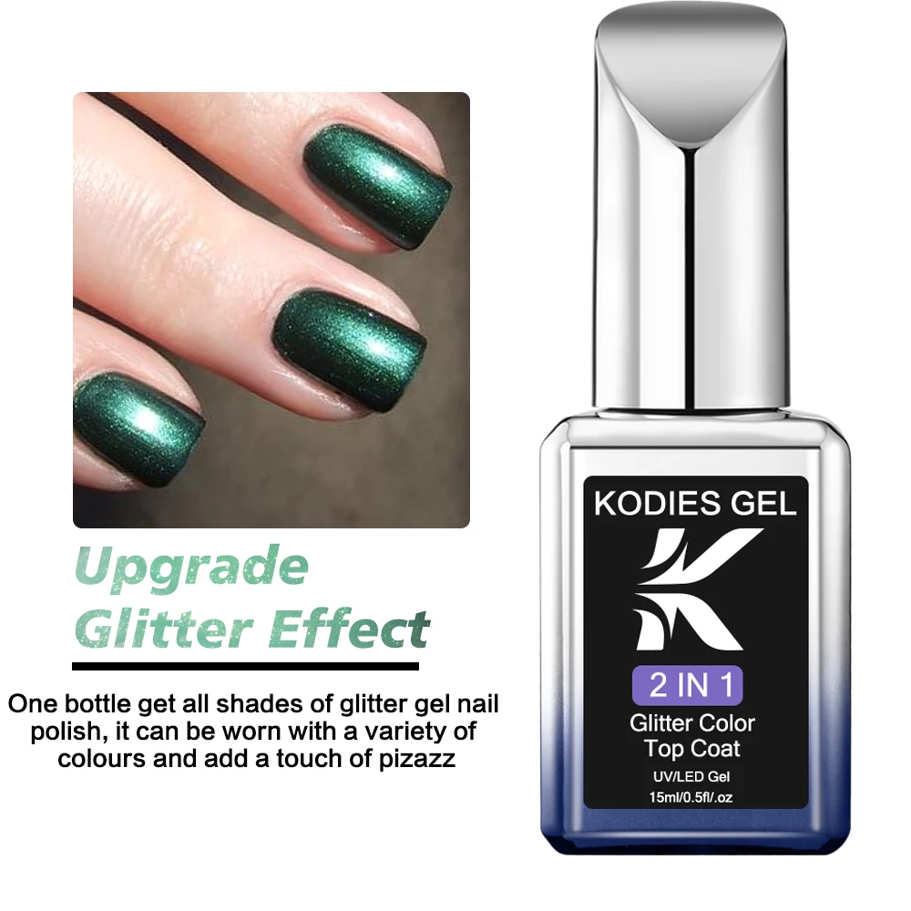 KODIES GEL Pearlescent Top Coat Gel Nail Polish 2 IN 1 Semi Permanent UV Glitter Aurora Gel Finish Topcoat No Wipe Manicure Nail