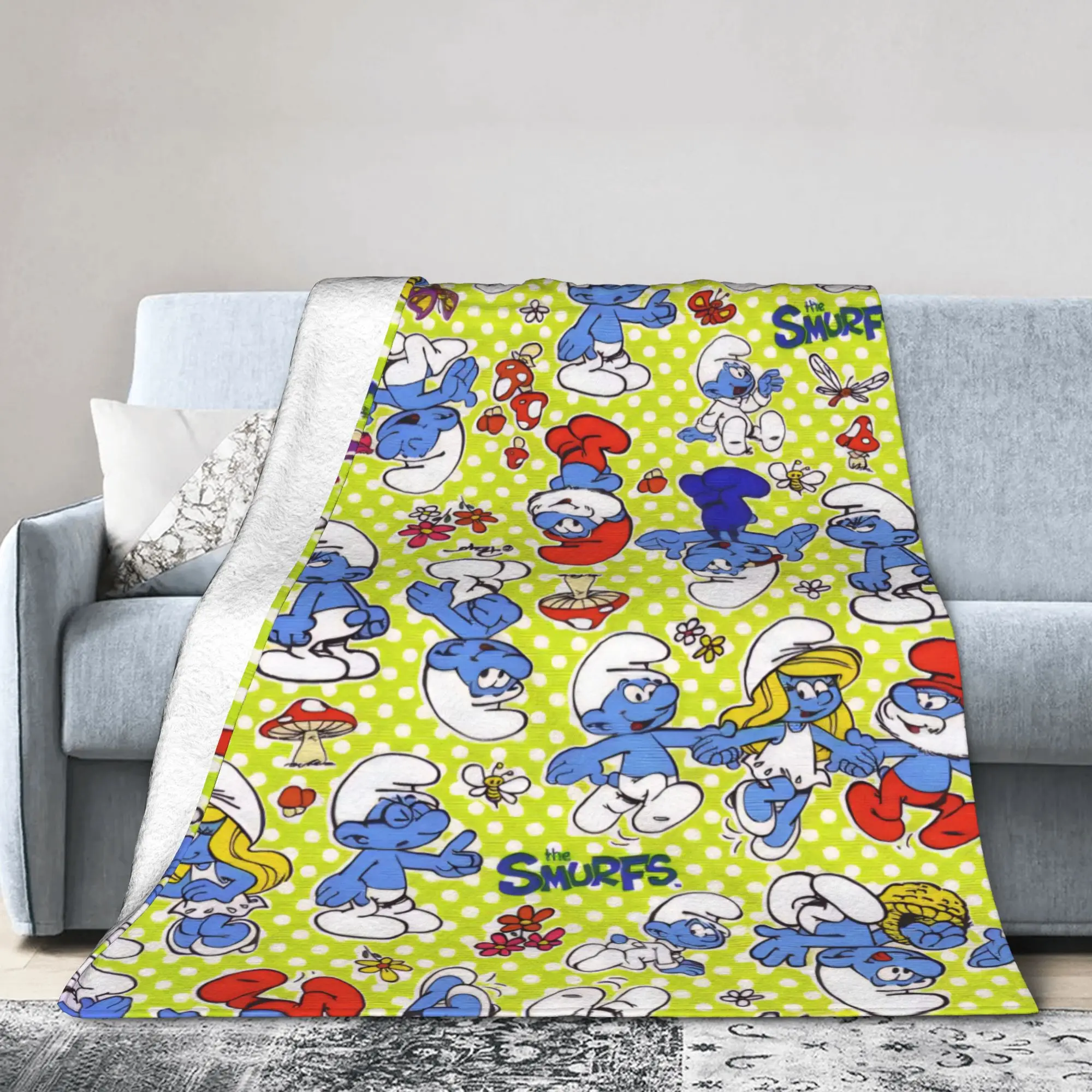 

S-Smurfs Blue Cartoon Blankets Fleece Spring/Autumn Breathable Lightweight Throw Blankets for Bedding Bedroom Bedding Throws