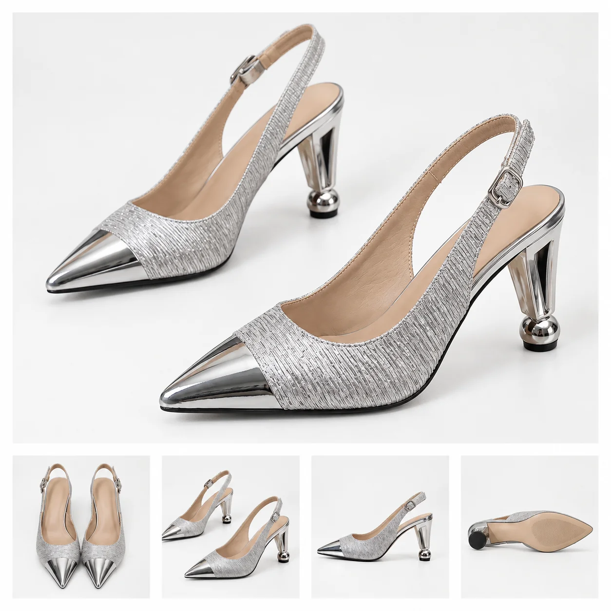 Women's Silver Pleated Pointed Toe Slingback Pumps Mirror Toe Sculptural Metal Heel Elegant Evening Party Dress Shoes