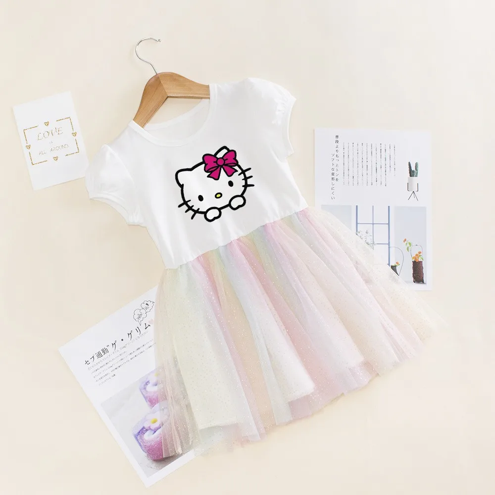 Summer Baby Girls Dress Cute Kid Sanrio Hello Kitty Rainbow Mesh Princess Party Costume Vestidos Children Short-Sleeved Clothing