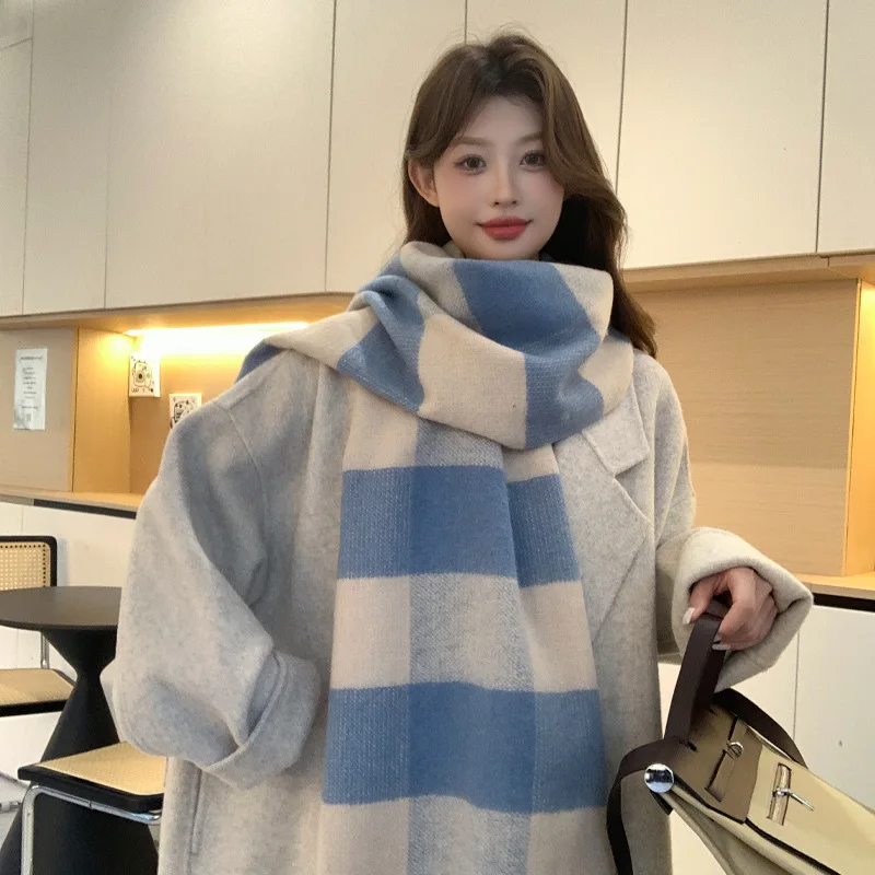 Blue men's plaid scarf warm and versatile autumn and winter student couple Korean long tassel scarf for girls